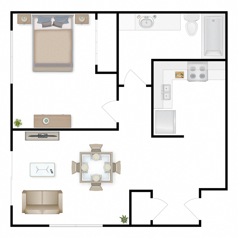 Floor plan for 1 bed, 1 bath, 700 sqft
